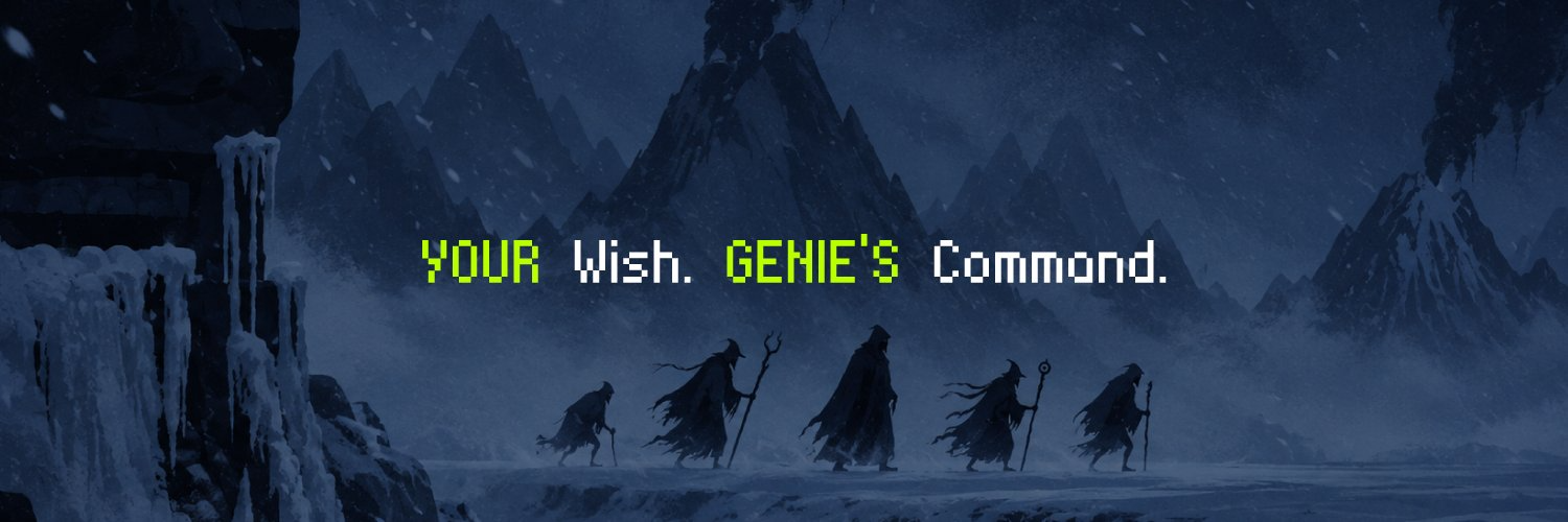 Snowy mountain banner reading YOUR Wish. GENIE'S Command.